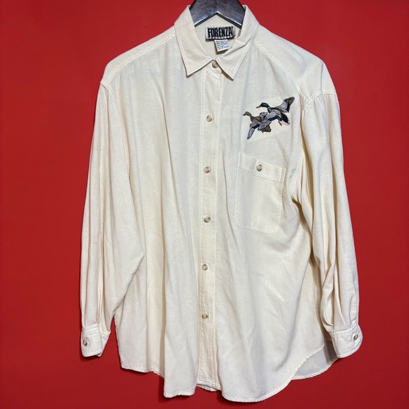 Forenza Silk Embroidered Duck Button Down Shirt Beige Size M - Picture 1 of 8